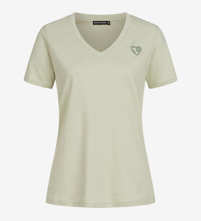 Product image for 'Women's V-Neck T-Shirt with Embroidered Heart greyish light green'